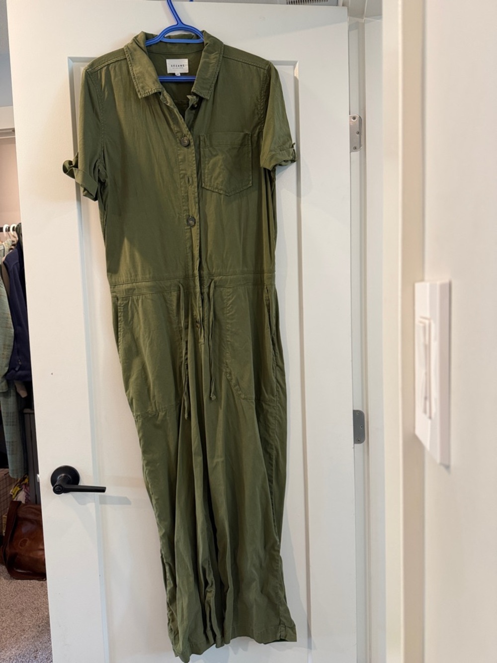 Sézane Charles Army Green Jumpsuit Size 42 French or US 10 Utility Pockets Boho
